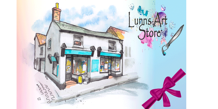 A watercolour painting of the outside of Lunns art store